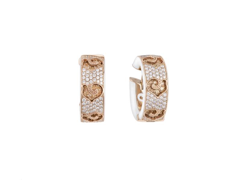 18KT ROSE GOLD HOOP EARRINGS WITH PAVE 'OF DIAMONDS, ROOSTERS IN CHAMPAGNE DIAMONDS AND WHITE ENAMEL CAROUSEL CHANTECLER 41112