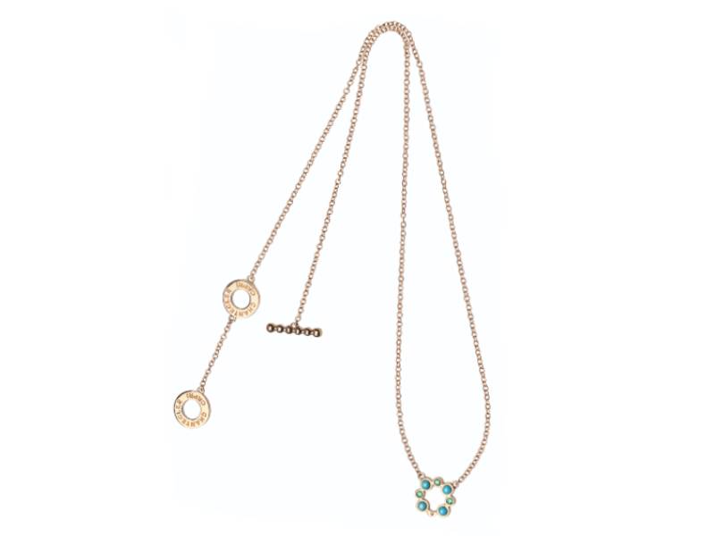 ROSE GOLD NECKLACE WITH ONE ELEMENT WITH TURQUOISE AND EMERALDS CAPRI 1947 CHANTECLER 31939