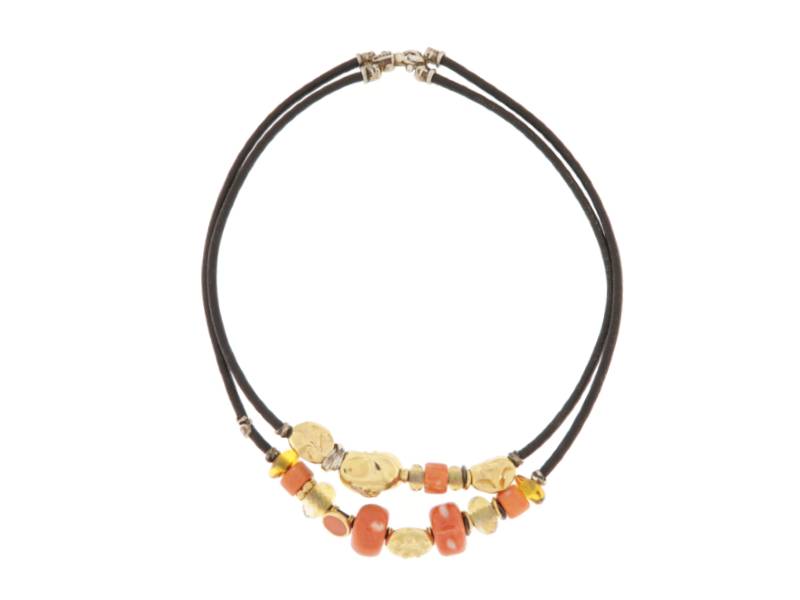 DOUBLE LACE NECKLACE WITH 18 KT YELLOW GOLD, SILVER,CORAL,AMBER,QUARTZ AND DIAMONDS C2093