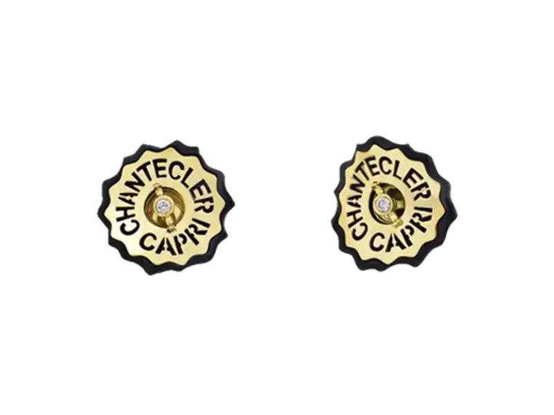 18KT YELLOW GOLD STUD EARRINGS WITH DIAMONDS AND BLACK RESIN LOGO CHANTECLER 43415