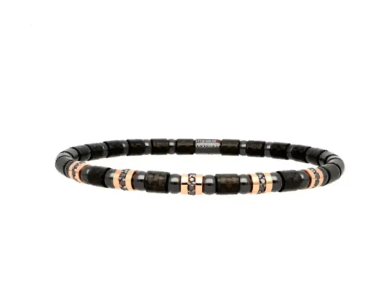 BRACCIALE DA UOMO ESTENSIBILE IN CARBONIO E CERAMICA NERA CON 5 ELEMEMTI IN ORO ROSA E DIAMANTI NERI ROBERTO DEMEGLIO 9C4N5DBOR1