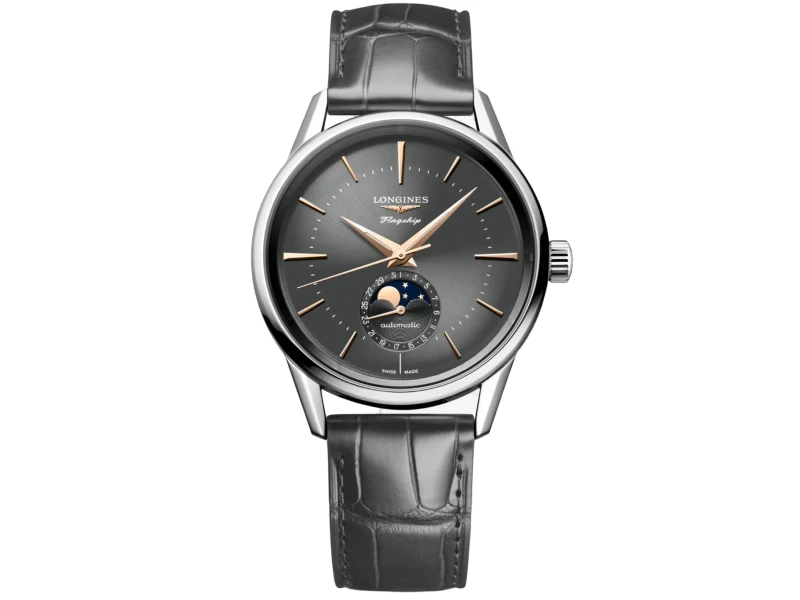 AUTOMATIC MEN'S WATCH STEEL/LEATHER MOON PHASE FLAGSHIP HERITAGE LONGINES L4.815.4.52.2