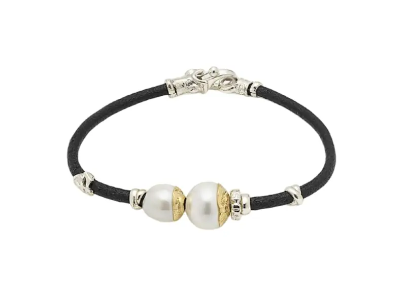 BRACCIALE IN CUOIO CON ELEMENTI IN ORO, ARGENTO E PERLE AURORA MISANI B2169