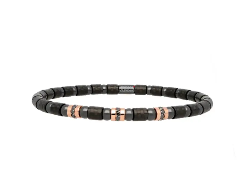 BRACCIALE DA UOMO ESTENSIBILE IN CARBONIO E CERAMICA NERA CON 3 ELEMEMTI IN ORO ROSA E DIAMANTI NERI ROBERTO DEMEGLIO 9C4N3DBOR