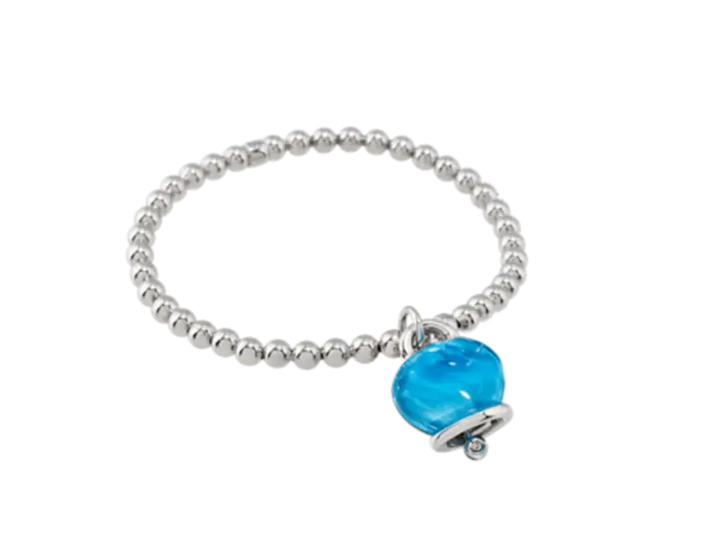 BRACCIALE ELASTICO IN ARGENTO CON CAMPANELLA MEDIA IN RESINA SFACCETTATA COLOR TOPAZIO AZZURRO ET VOILA’ CHANTECLER 44332