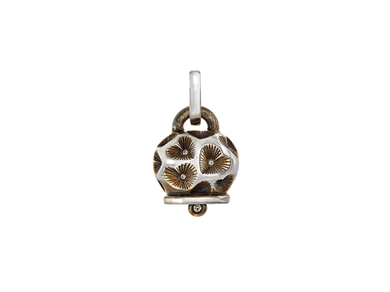 CIONDOLO CAMPANELLA MEDIA IN ARGENTO INVECCHIATO CON CUORI INCISI A MANO E DIAMANTI ET VOILA’ CHENTECLER 44360