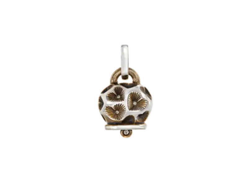 CIONDOLO CAMPANELLA GRANDE IN ARGENTO INVECCHIATO CON CUORI INCISI A MANO E DIAMANTI ET VOILA’ CHENTECLER 44359